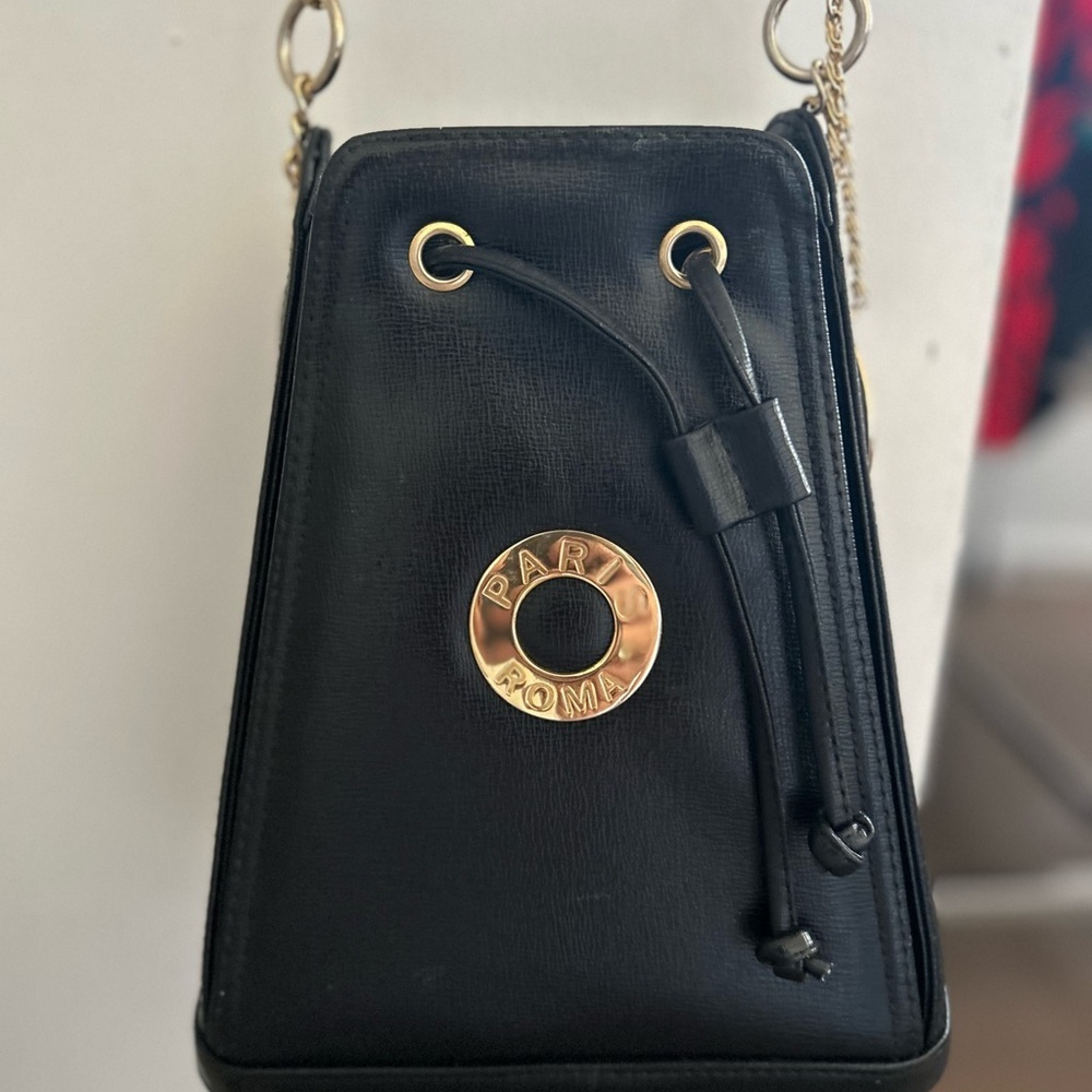 Small Black Crossbody Bag with Gold Accents and Drawstring Closure - Picture 8 of 11